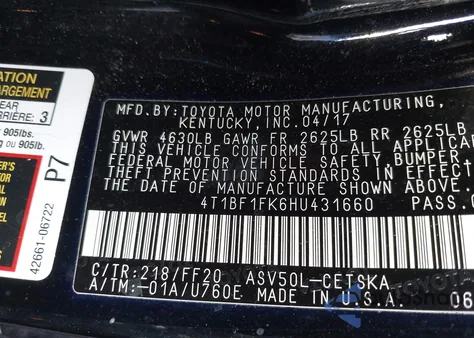 2017 Toyota Camry Se z USA, uszkodzony, nr VIN 4T1BF1FK6HU431660